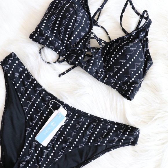 NWT Black White Bohemian Tribal Print Bikini Swim Set Size Medium - Picture 4 of 8